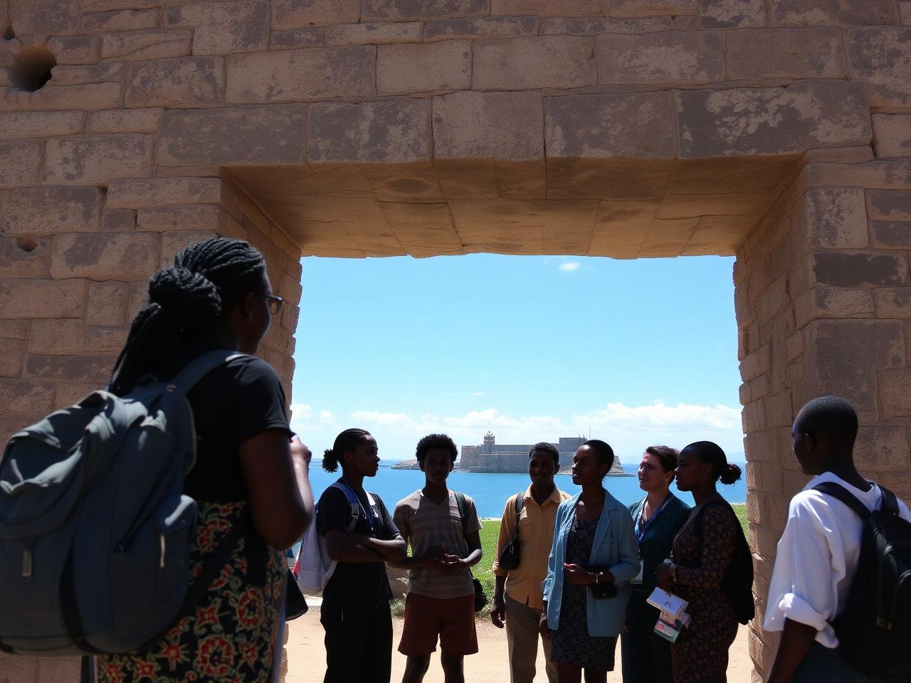 University students on an educational study tour at a historic coastal fort