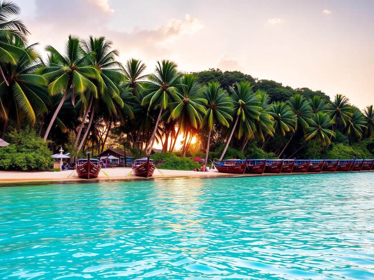 Palm-lined tropical beach with turquoise water at golden hour