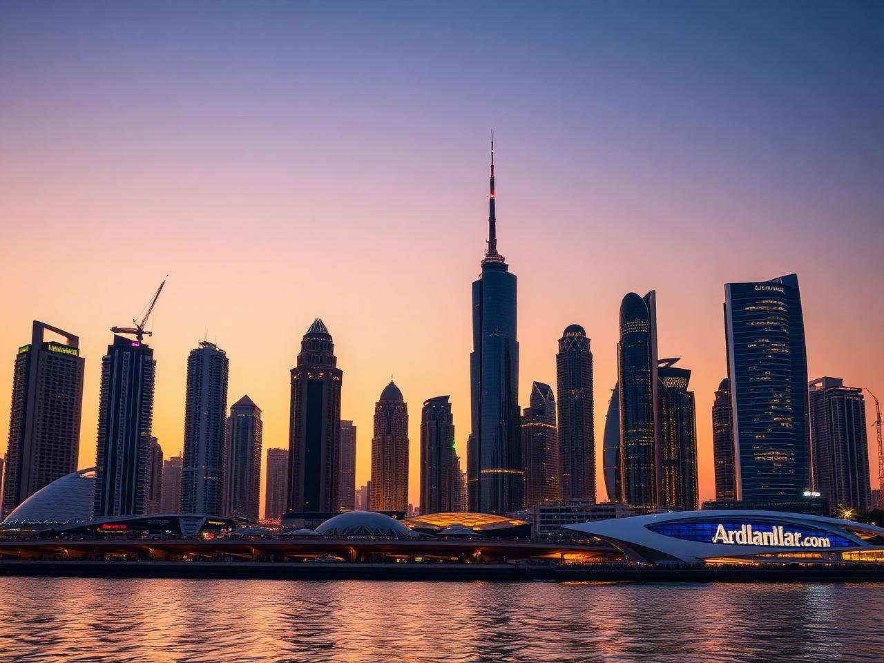 Modern city skyline at dusk reflected in calm water