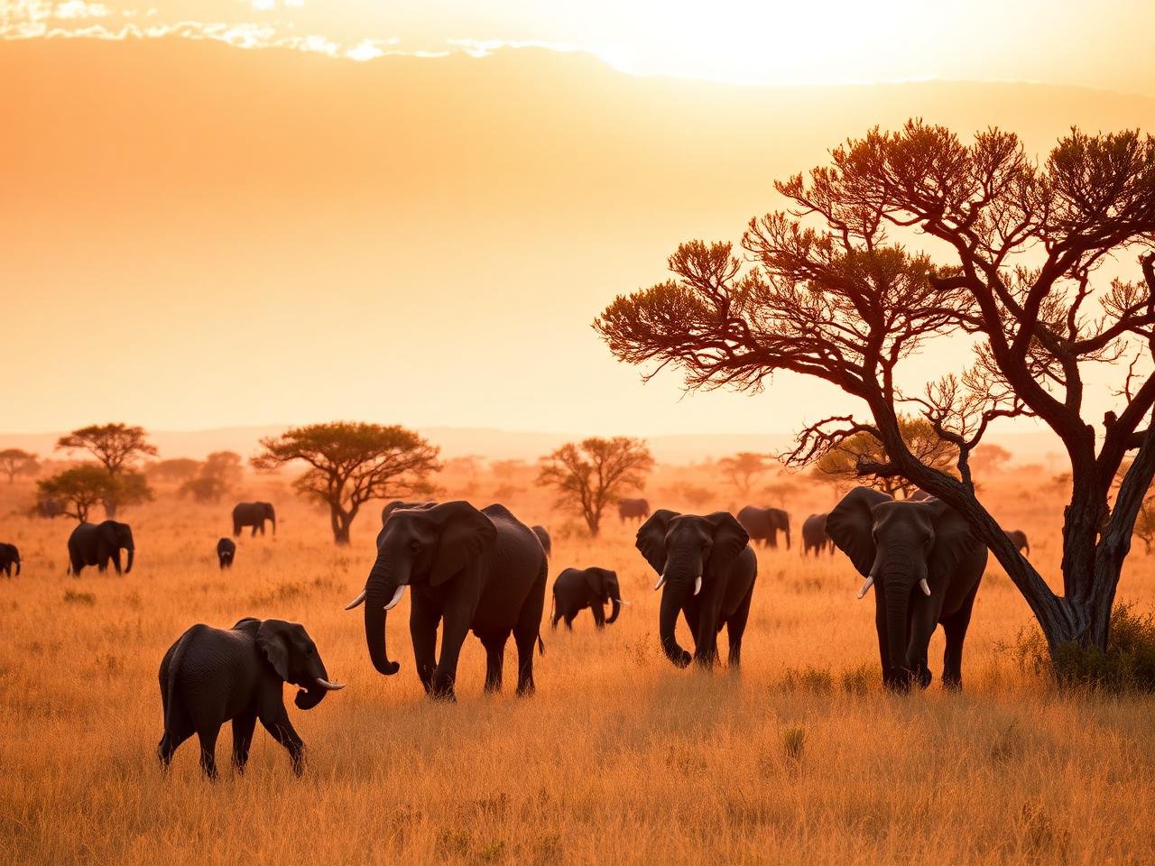 Golden savannah landscape at sunrise with elephants and acacia trees