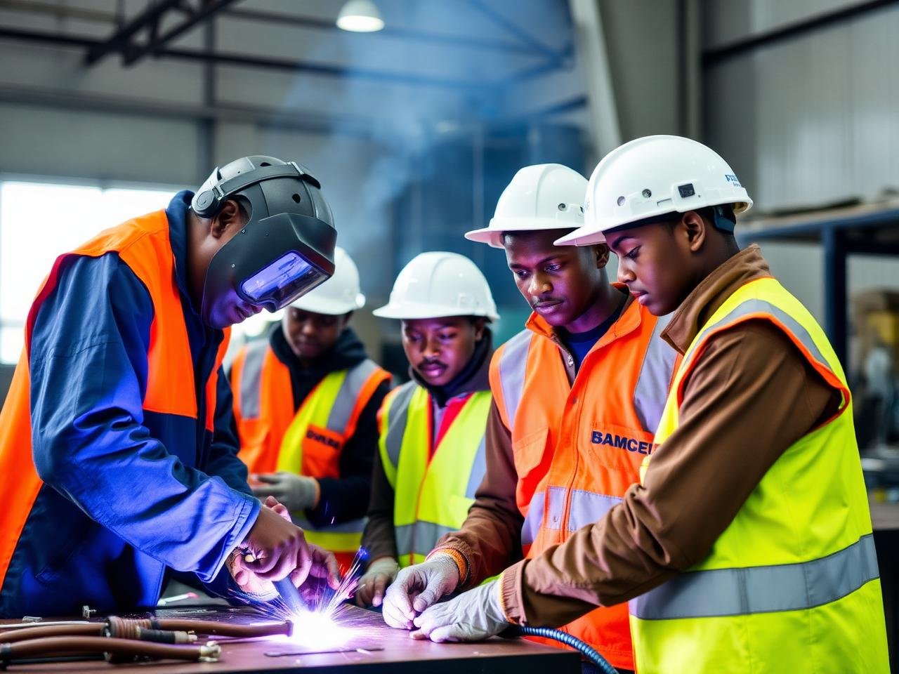 Trainees practising welding and fabrication under instructor supervision